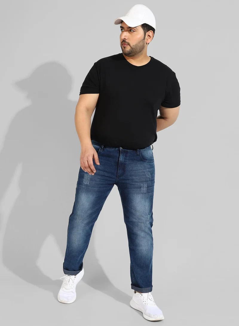 Instafab Plus  Men’s Classic Blue Medium-Washed Distressed Patterned Regular Fit Denim Jeans | Premium Stretchable Cotton Mid-Rise Crafted With Comfort Fit and High Performance For Everyday Wear for Men | Best Price UAE